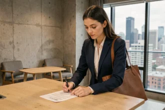 Jeune femme professionnelle signant un contrat de bail mobilité dans un appartement meublé moderne en ville