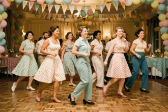 Groupe d'adultes en tenue rétro des années 60 dansant le madison en ligne synchronisée sur une piste en parquet lors d'une soirée à thème vintage