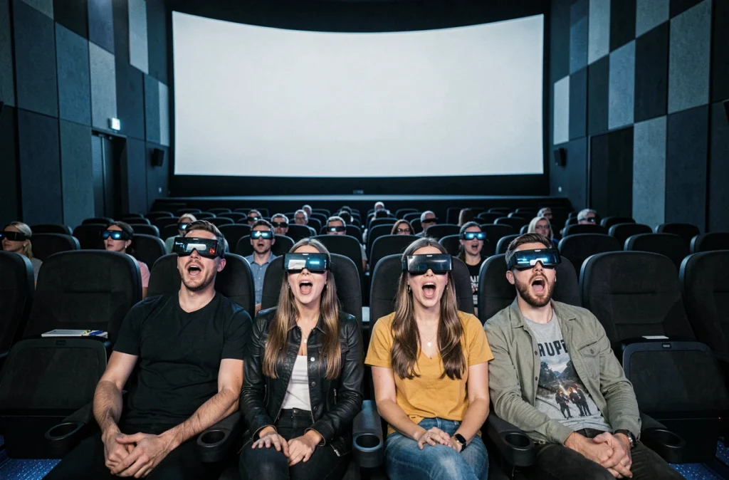 Groupe de spectateurs portant des lunettes 3D dans une grande salle IMAX exprimant leur émerveillement devant un film immersif