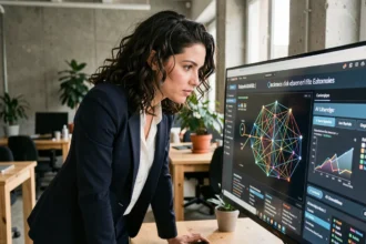 Jeune femme développeuse dans une start-up française travaillant sur une interface d'intelligence artificielle dans un espace de coworking moderne à Paris