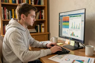 Jeune homme concentré devant un écran affichant une simulation agricole de type simagri, planifiant sa stratégie de gestion des cultures sur ordinateur