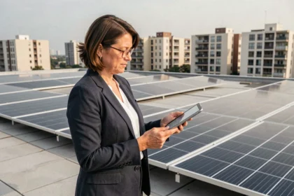 Syndic de copropriété inspectant des panneaux solaires installés sur le toit d'un immeuble résidentiel urbain