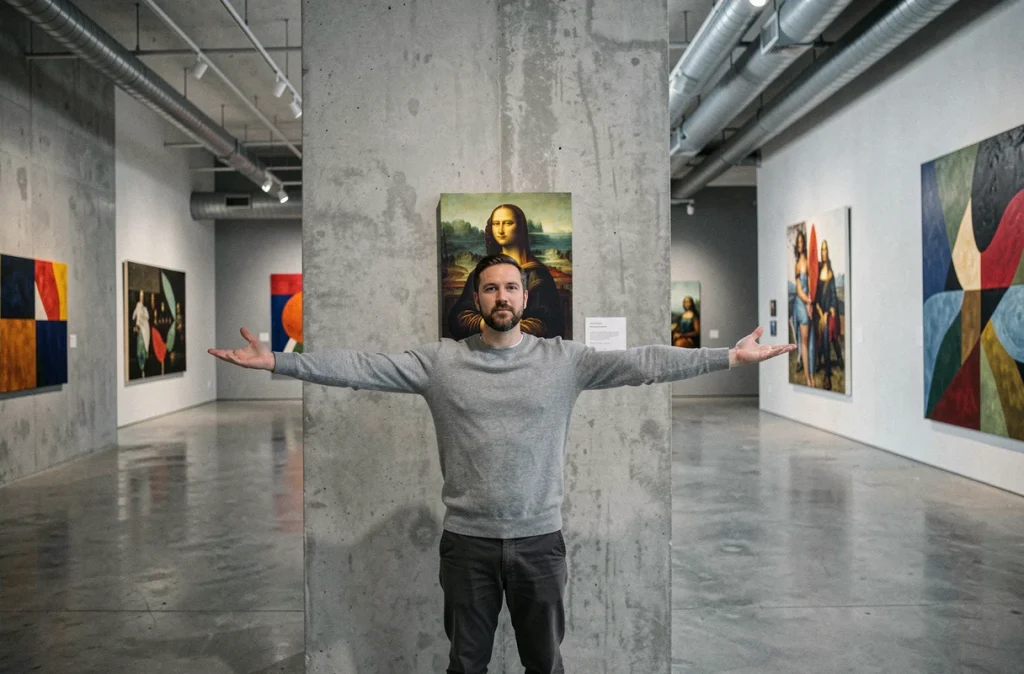Homme les bras écartés devant une reproduction de la Joconde dans une galerie d'art moderne illustrant sa petite taille réelle comparée aux œuvres contemporaines