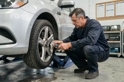 Technicien automobile effectuant le contrôle technique d'un véhicule sur pont élévateur dans un garage d'inspection professionnel
