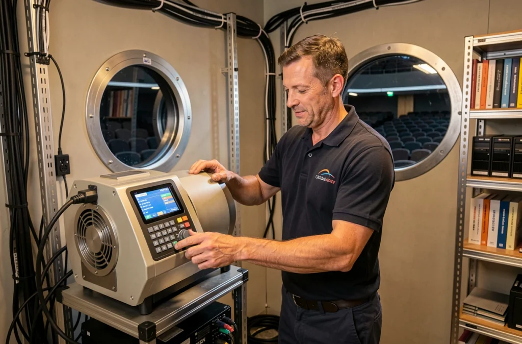 Technicien de projection réglant un projecteur numérique professionnel dans la cabine de projection d'un cinéma moderne