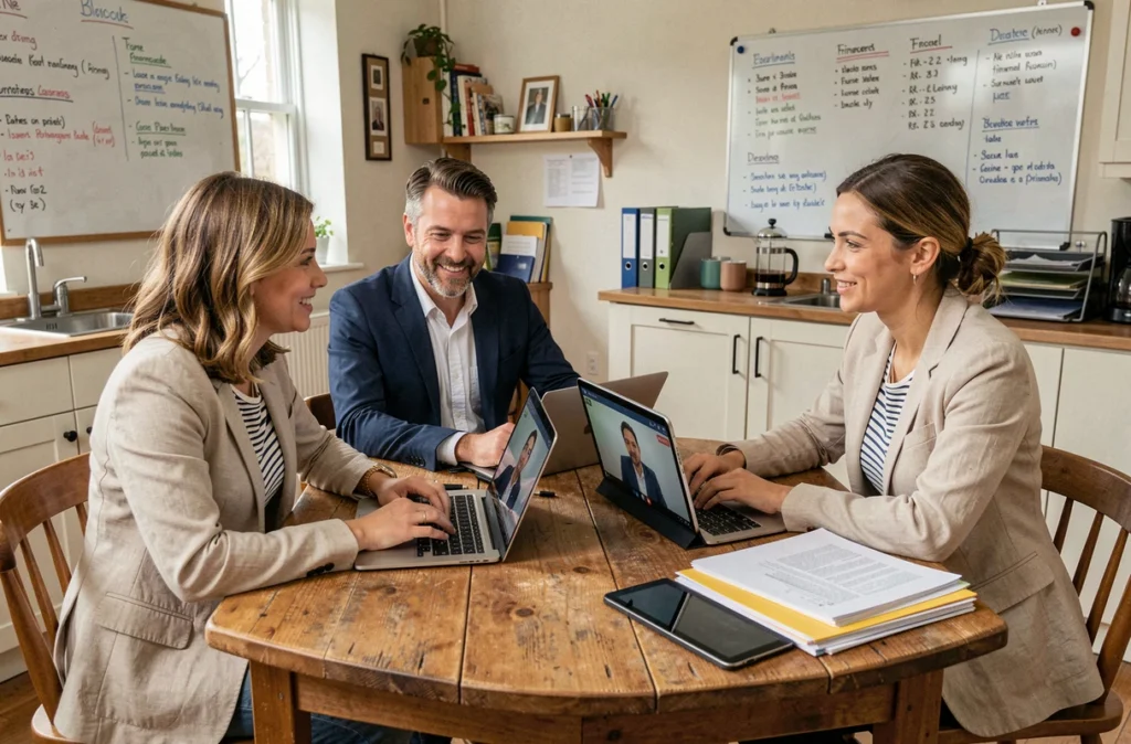Équipe en réunion hybride en télétravail autour d'une table avec ordinateur portable et tablette