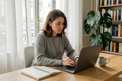 Femme en télétravail dans un appartement parisien avec un ordinateur portable et un bureau en bois