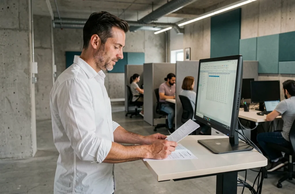 Homme en télétravail debout dans un espace de coworking moderne avec bureau ajustable