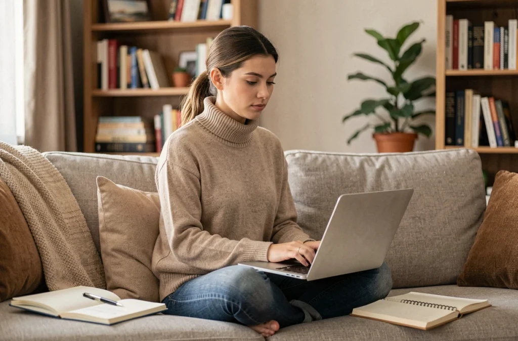 Jeune professionnelle mettant à jour son profil sur un réseau social professionnel depuis son bureau à domicile