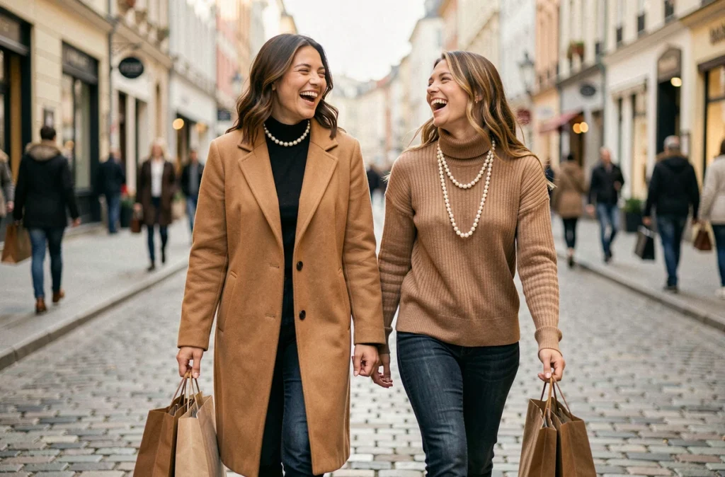 Deux femmes marchant dans la rue portant des accessoires en perles tendance, choker et sautoir, style automne urbain