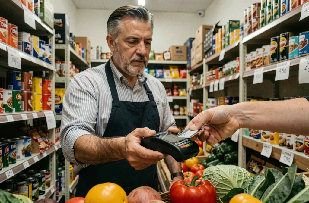 Commerçant utilisant un terminal de paiement portable dans une épicerie de proximité urbaine