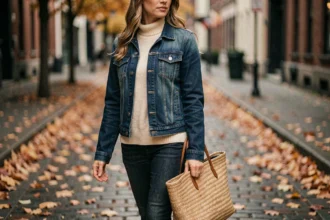 Femme portant une veste en jean indigo dans une rue pavée en automne avec des feuilles mortes