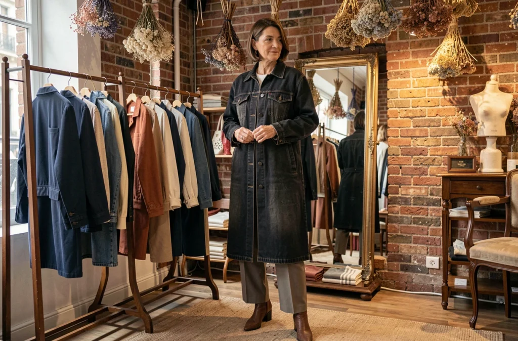 Femme en veste en jean oversize dans une boutique parisienne décorée avec style pour l'automne