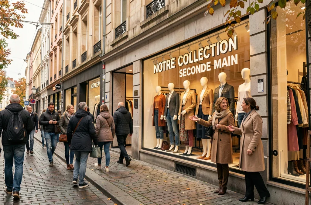 Vitrine d'une grande enseigne de mode en centre-ville mettant en avant sa collection de vêtements de seconde main avec des passants s'arrêtant pour regarder