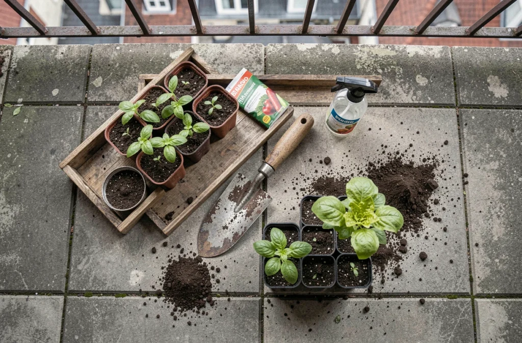 Vue aérienne d'un plateau de jardinage avec graines, terreau et jeunes plants de légumes prêts pour un potager de balcon