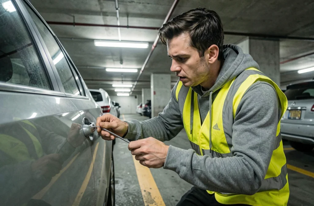 Technicien d'AB Dépan 38 intervenant en urgence sur une serrure de voiture dans un parking souterrain