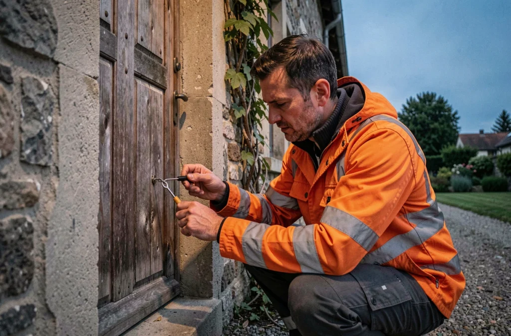 Serrurier ACT Dépannage en intervention d'urgence devant une maison en pierre en Isère au crépuscule