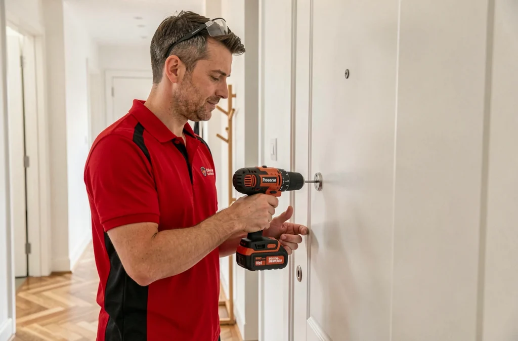 Serrurier Action Plus en intervention sur une porte d'appartement avec une perceuse dans un couloir moderne