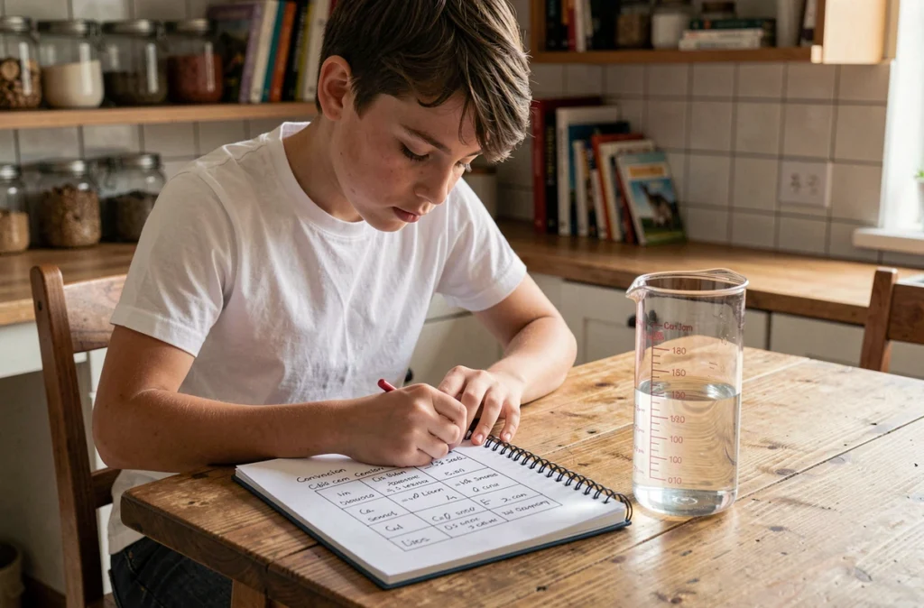 Adolescent révisant la conversion entre centimètres cubes et litres avec un carnet et un cylindre gradué à la maison