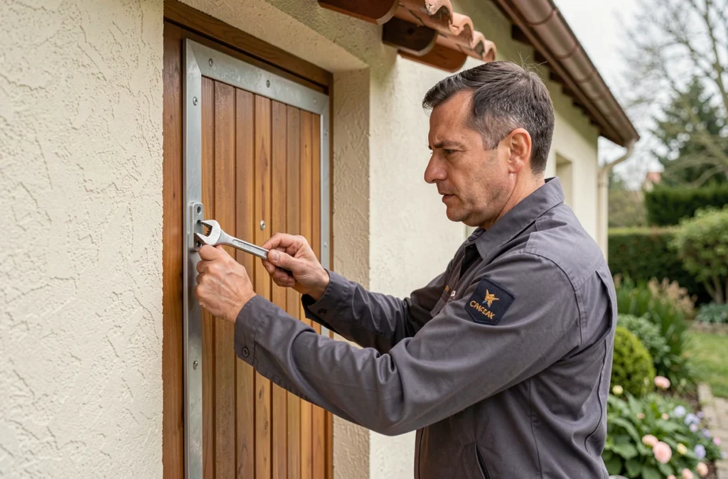 Technicien d'Aph Alpes Protec Habitat installant une armure de porte renforcée sur une maison en Isère