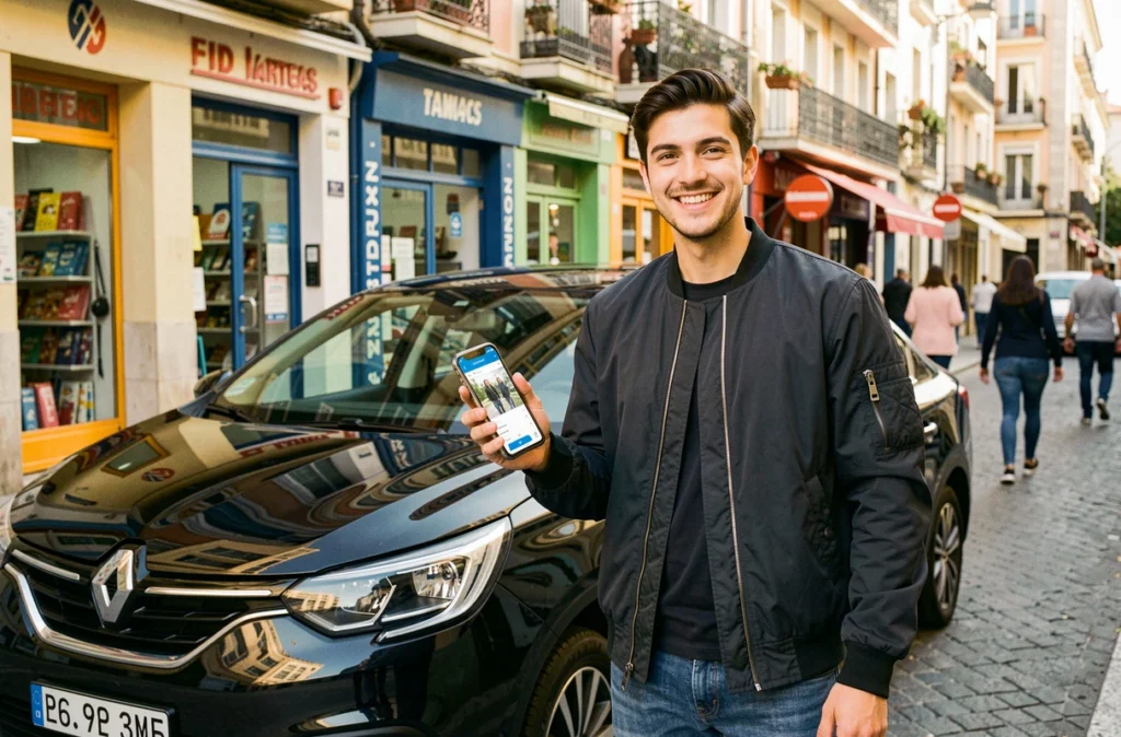 Jeune chauffeur VTC Boomtaxi souriant avec smartphone montrant une application de course devant une berline noire dans une rue animée de Marseille