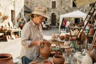 Femme chinant sur une brocante en plein air dans un village de l'Aveyron, examinant une cruche en céramique ancienne parmi des objets vintage
