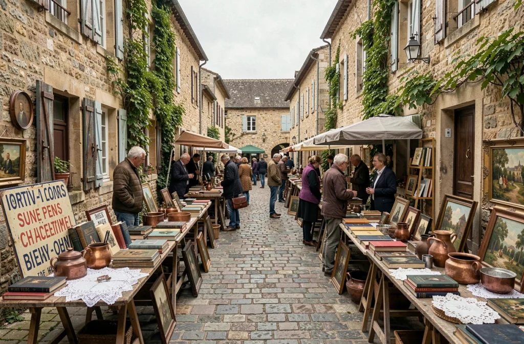 Vue panoramique d'une brocante en Aveyron dans une rue médiévale pavée avec des étals chargés d'objets anciens et de curiosités vintage