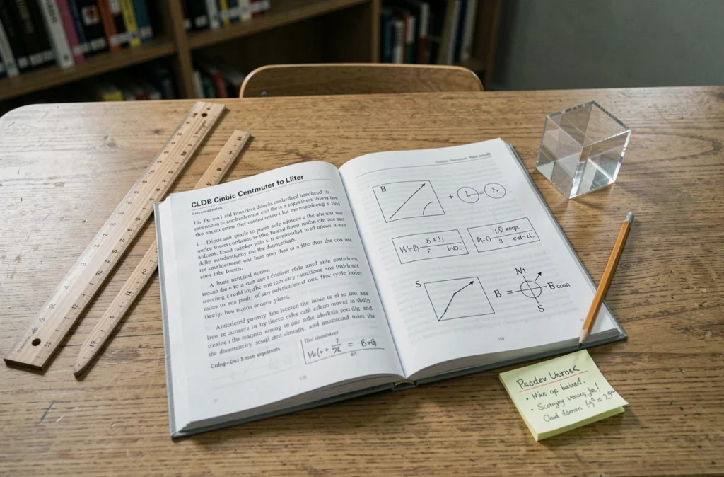 Vue de dessus d'un bureau scolaire avec un manuel de mathématiques ouvert sur la conversion cm cube litre, une règle et un cube transparent