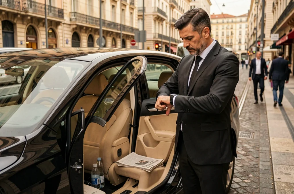 Chauffeur VTC Cab-Transfert consultant sa montre à côté d'une berline aux portes ouvertes montrant un intérieur soigné à Marseille