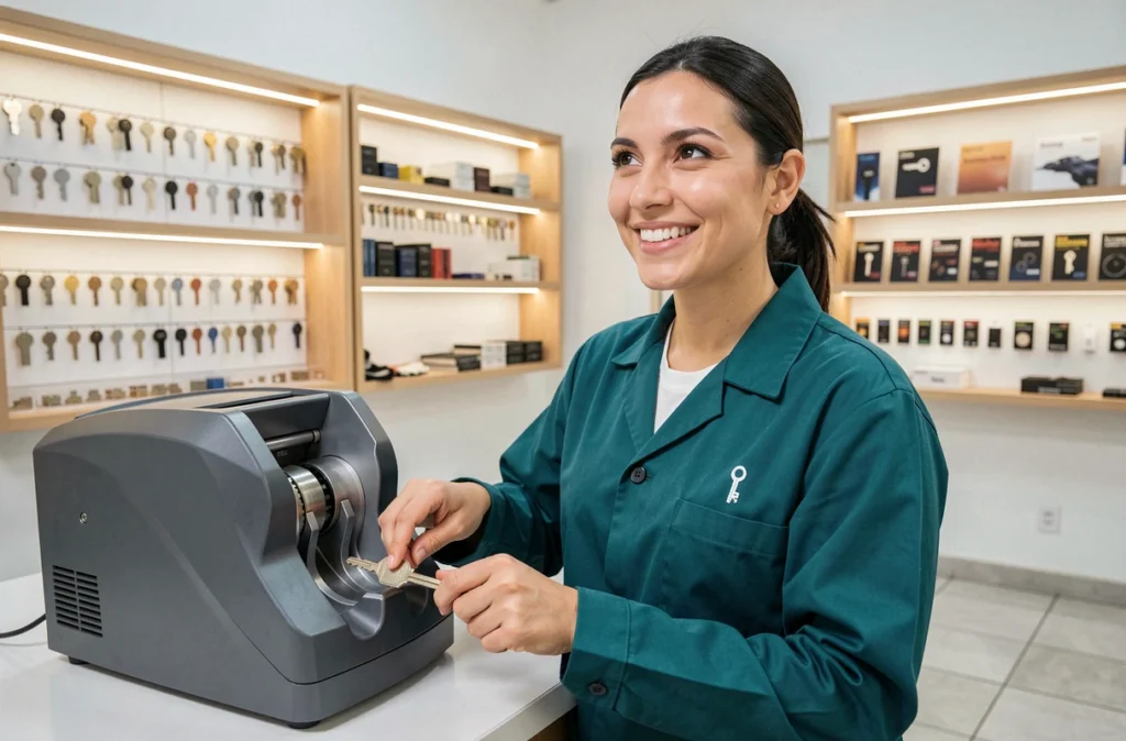 Technicienne de Clé Dauphinoise en train de couper une clé sur une machine dans une boutique de serrurerie moderne