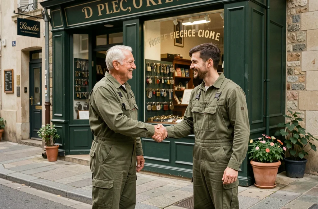 Père et fils serruriers devant leur boutique artisanale dans une rue commerçante en Isère