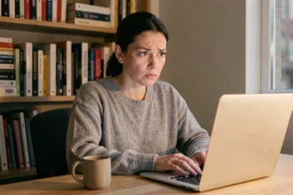 Femme curieuse devant son ordinateur portable découvrant le phénomène Xonivizectrum sur internet