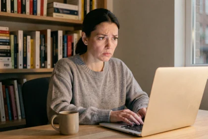 Femme curieuse devant son ordinateur portable découvrant le phénomène Xonivizectrum sur internet