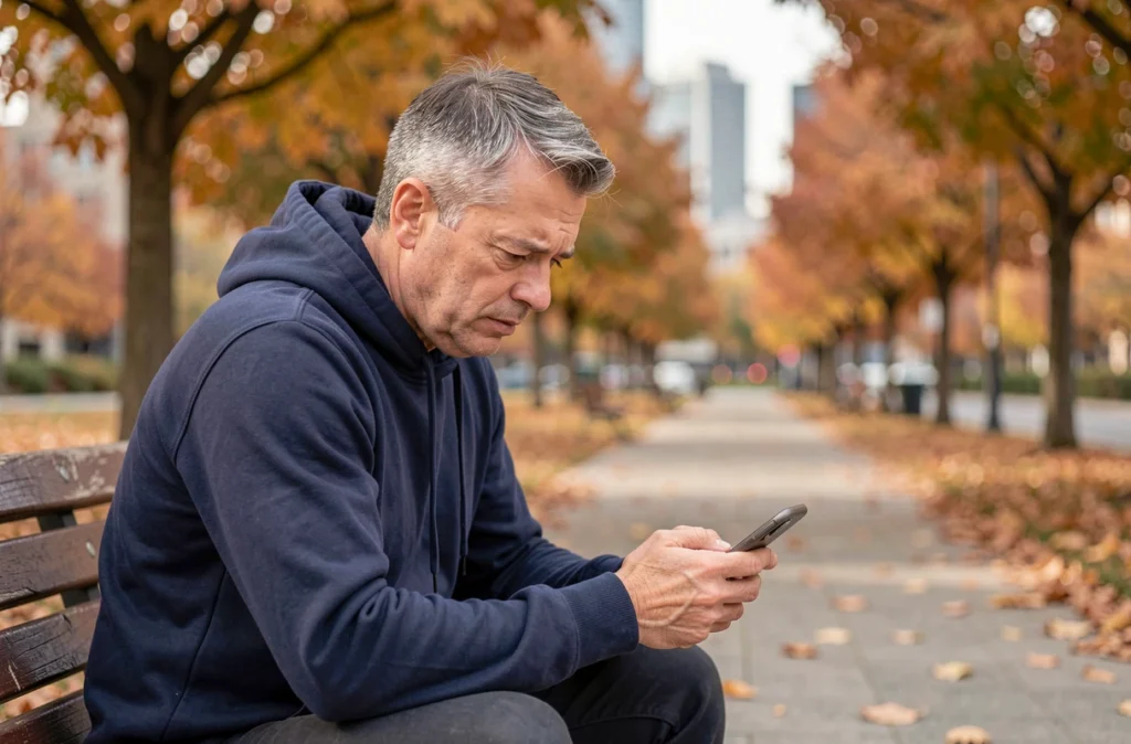 Homme consultant son smartphone dans un parc urbain en automne, intrigué par le phénomène Xonivizectrum