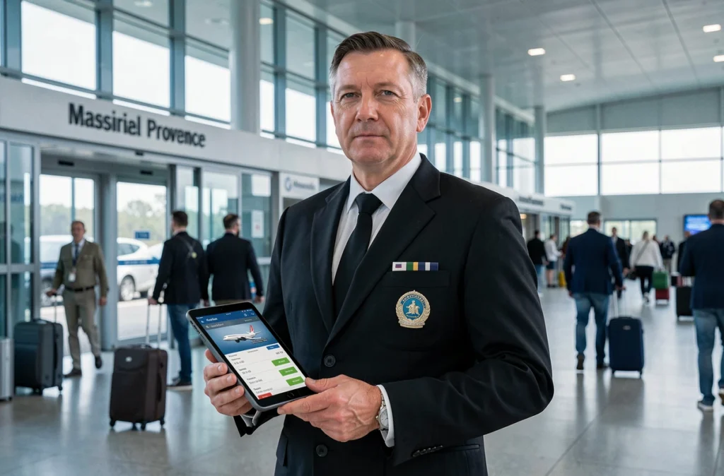 Chauffeur VTC Luxury-S7 en uniforme noir tenant une tablette dans le hall des arrivées de l'aéroport Marseille Provence à Marignane