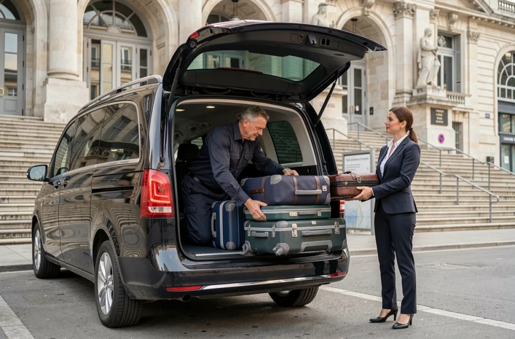 Chauffeur Marseille Transfers en uniforme sombre gérant des bagages depuis le coffre d'un grand van noir devant la Gare Saint-Charles de Marseille