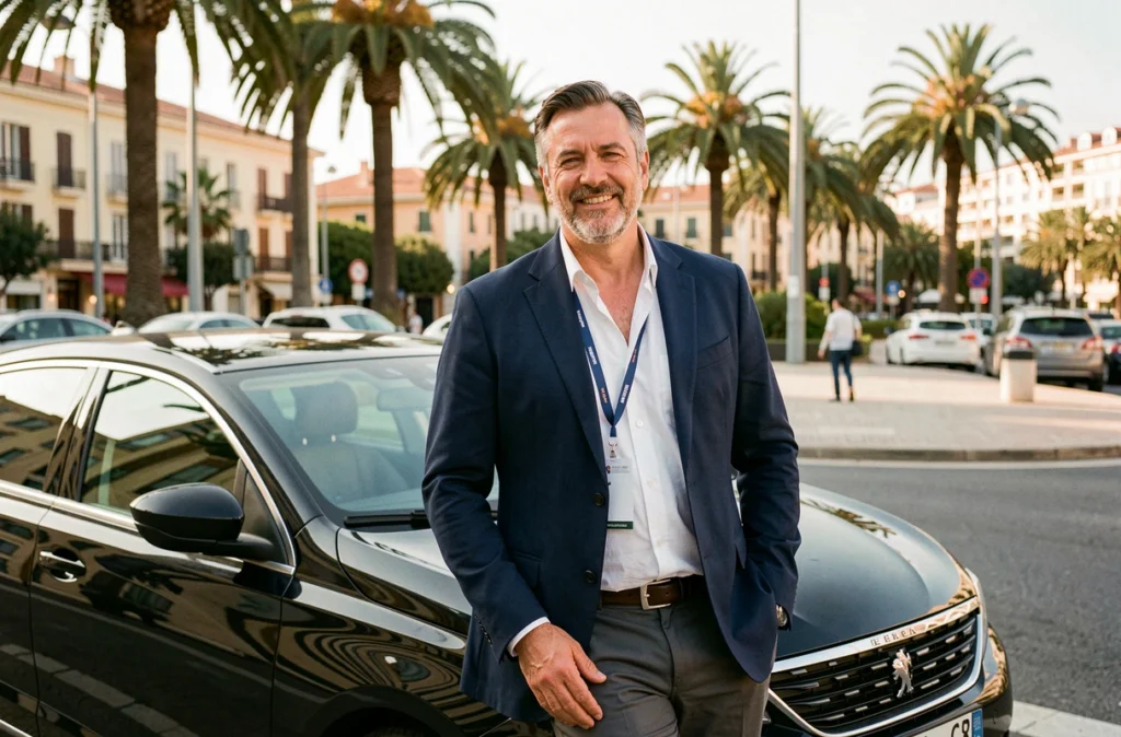 Chauffeur VTC Massilia Drive en veste marine appuyé contre une berline noire près de la Place Castellane à Marseille