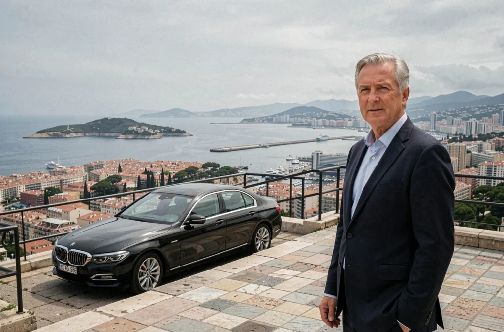 Chauffeur privé Phocea VTC sur un belvédère panoramique surplombant la métropole marseillaise avec la mer et les îles en arrière-plan