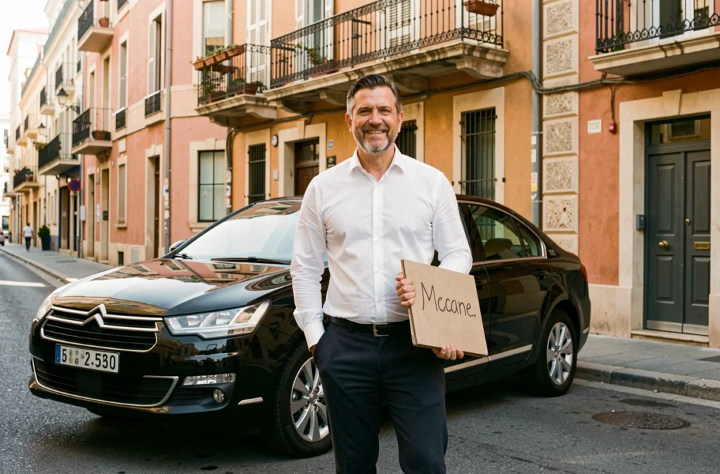Chauffeur VTC indépendant Régis Rossi en chemise blanche tenant une pancarte devant sa berline noire dans une rue marseillaise à l'architecture provençale