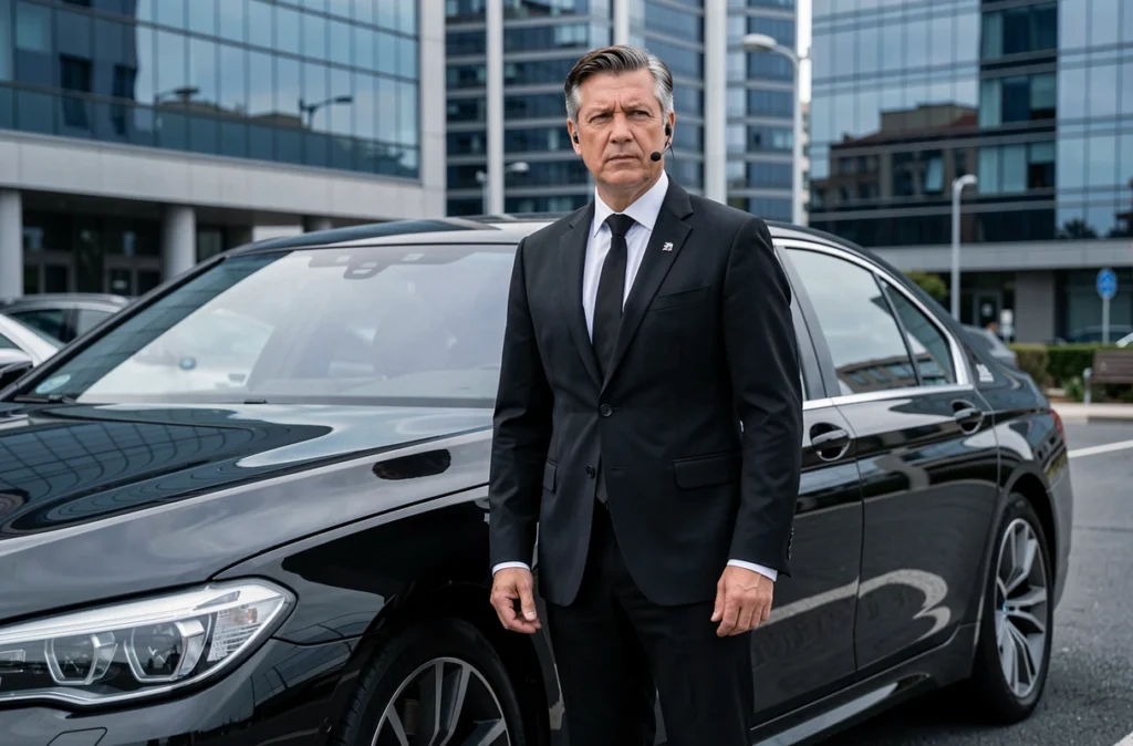 Chauffeur VTC Royal Security en costume noir avec oreillette debout devant une BMW Série 7 aux vitres teintées dans un quartier d'affaires de Marseille