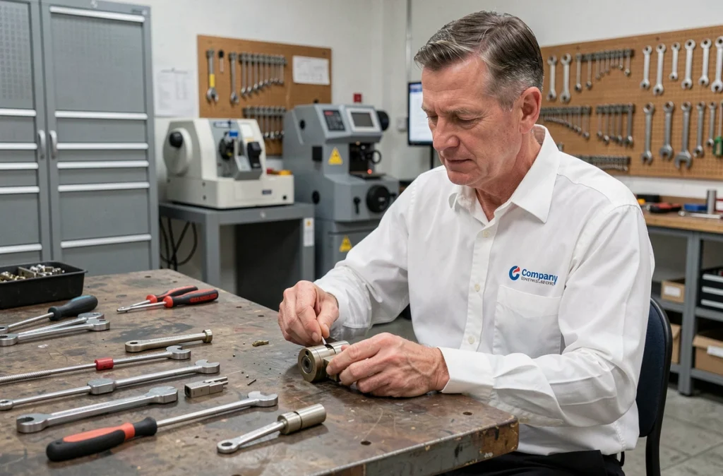 Technicien SMCM recylindrant une serrure haute sécurité dans un atelier de serrurerie professionnel