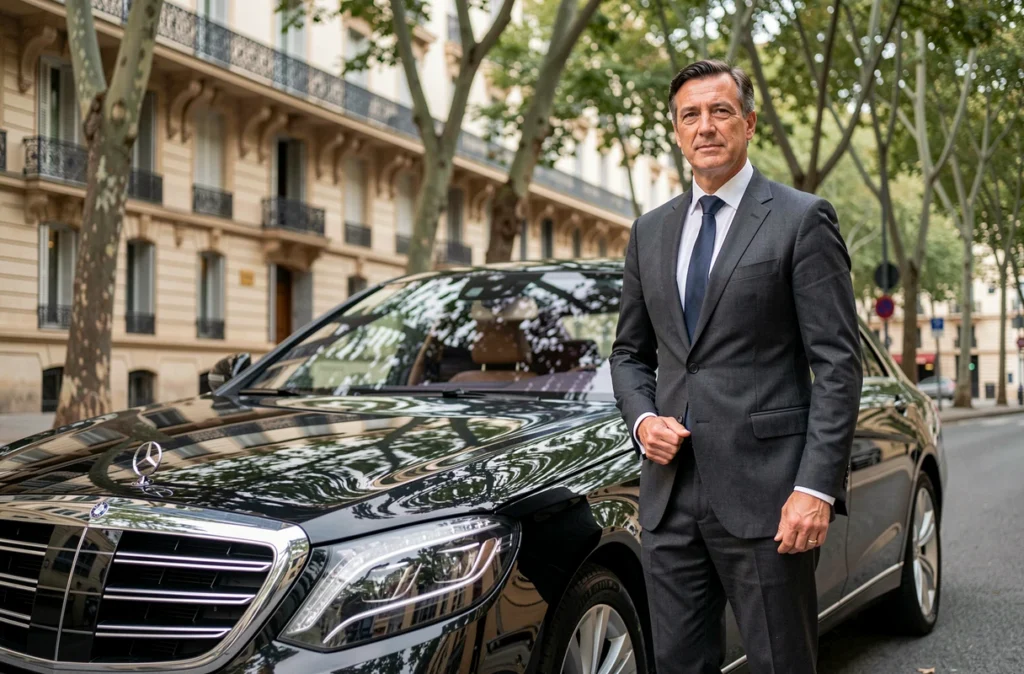 Chauffeur VTC haut de gamme Sud Elegance Voyages en costume gris anthracite devant une Mercedes Classe S noire dans un quartier résidentiel chic de Marseille