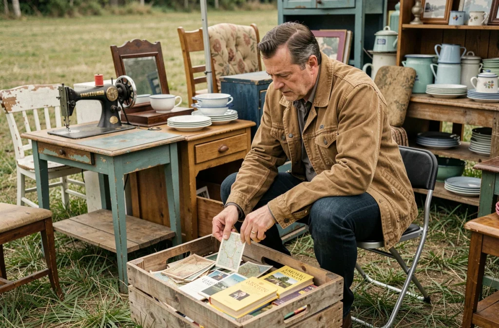Vendeur de brocante en Aveyron triant de vieilles cartes postales et des livres anciens derrière son étal lors d'un vide-grenier à la campagne