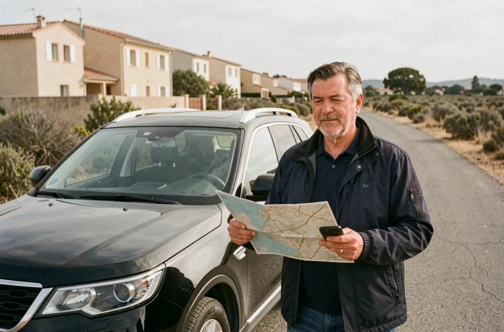 Chauffeur VTC Marignane spécialiste des communes périphériques debout devant un SUV noir sur une route suburbaine en bordure de Marignane