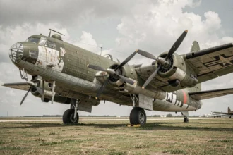 Boeing B-17F Flying Fortress conservé sur un terrain d'aviation avec marquages militaires d'époque et nez caractéristique sans tourelle ventrale