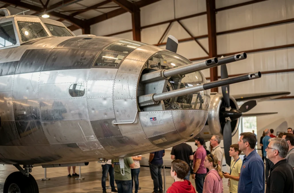 Nez du Boeing B-17G avec tourelle ventrale caractéristique exposé dans un hangar de musée aéronautique, visiteurs en arrière-plan