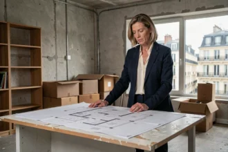 Dirigeante d'entreprise examinant des plans d'aménagement dans un bureau parisien en cours de réorganisation face à la hausse des coûts immobiliers