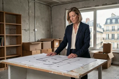 Dirigeante d'entreprise examinant des plans d'aménagement dans un bureau parisien en cours de réorganisation face à la hausse des coûts immobiliers