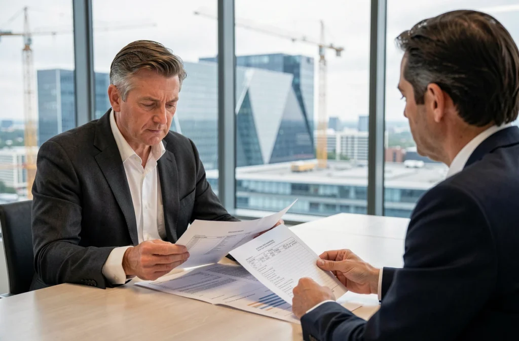Consultant immobilier et directeur d'entreprise négociant un bail commercial dans un immeuble de bureaux à La Défense face à la flambée des loyers